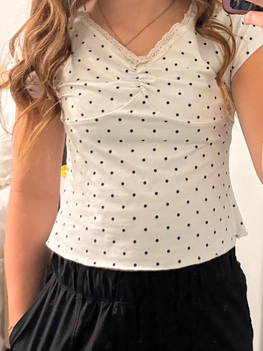 Polka Dot Lace-Trim Crop Top - White